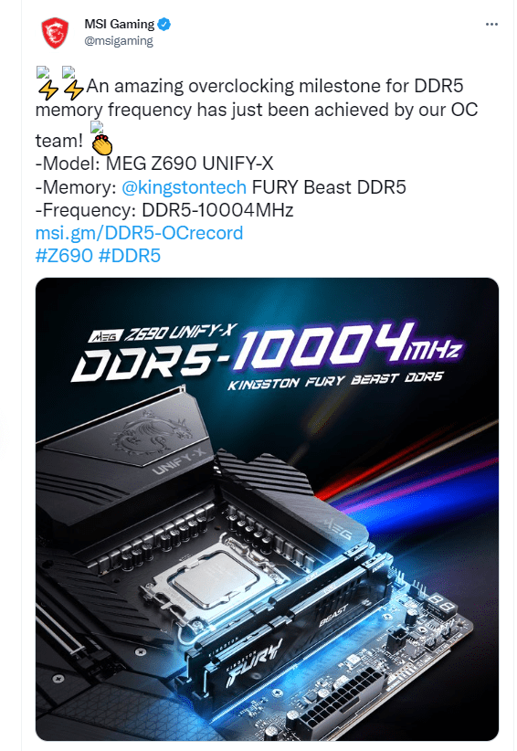 Специалисты MSI смогли разогнать память стандарта DDR5 до рекордных 10 004 МТ/с