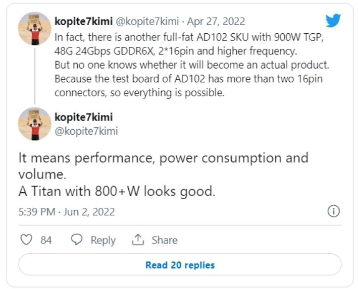 По слухам, NVIDIA готовит флагманскую видеокарту класса TITAN с чипом AD102, 48 ГБ видеопамяти и TDP в 900 Вт