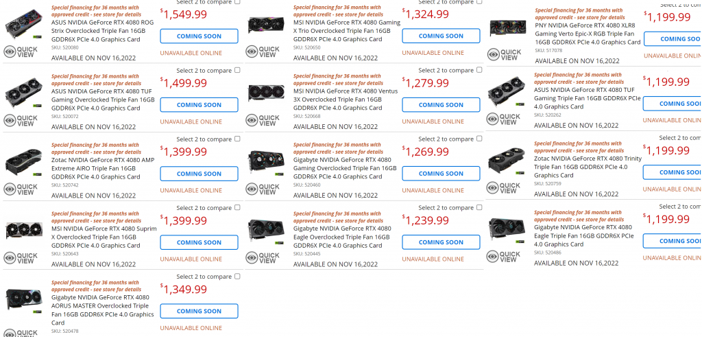 Стали известны цены нереференсных видеокарт GeForce RTX 4080 от ASUS, ZOTAC, MSI, GIGABYTE и PNY