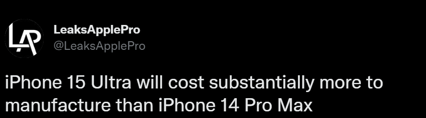 Себестоимость iPhone 15 Ultra будет намного выше, чем у iPhone 14 Pro Max — LeaksApplePro