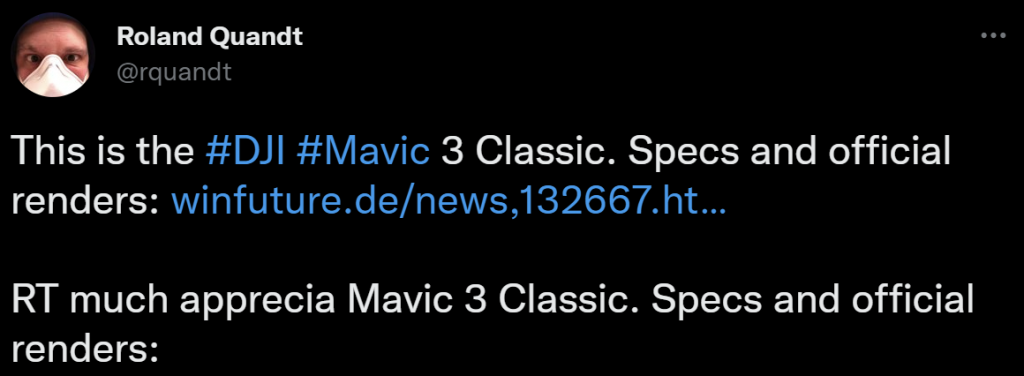 Опубликованы изображения и раскрыты характеристики DJI Mavic 3 Classic — будет стоить $1400